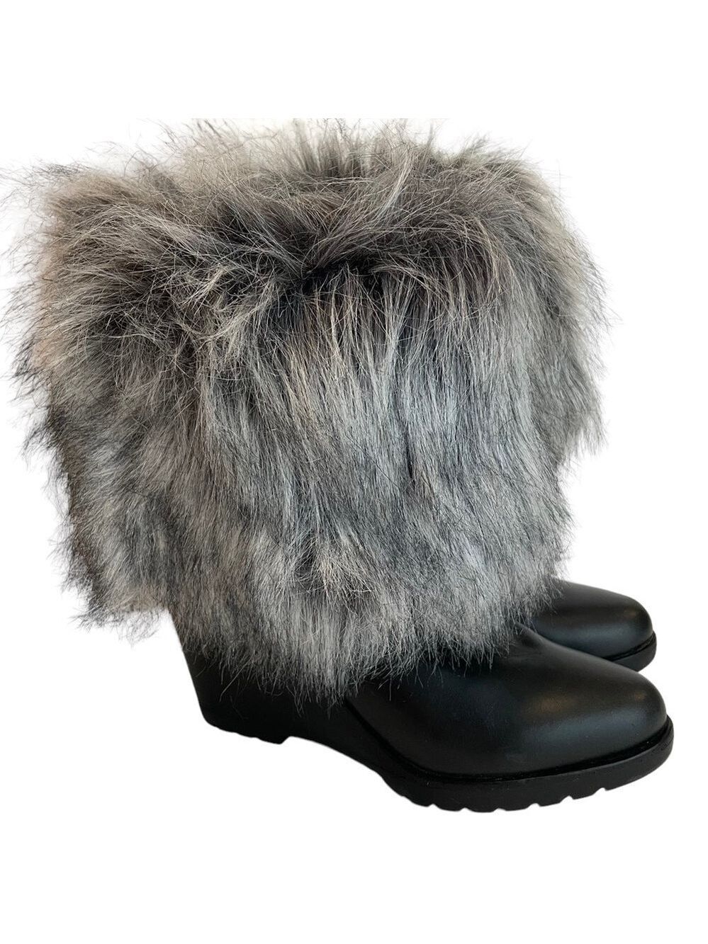 Sorel Park City Lux Leather Boot Women’s 8 Black Grey Faux Fur Waterproof Wedge